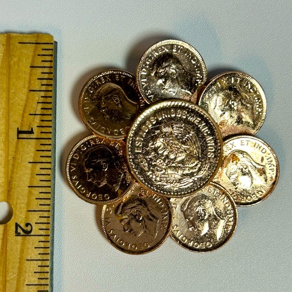 Vintage 40’s Canada one cent Mexico 5 cent Genuine Coin Brooch 1944 1945 Copper - Picture 4 of 4